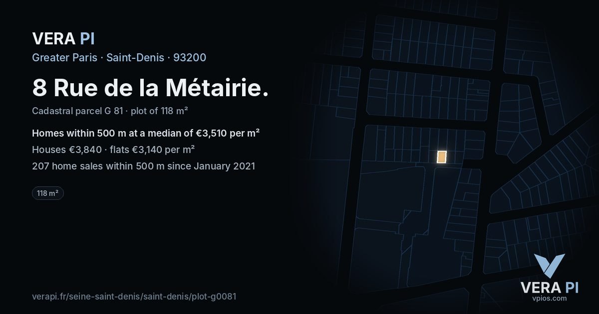 8 Rue de la Métairie, Saint-Denis at night – the plot lit, the parcels around coloured by the prices near them