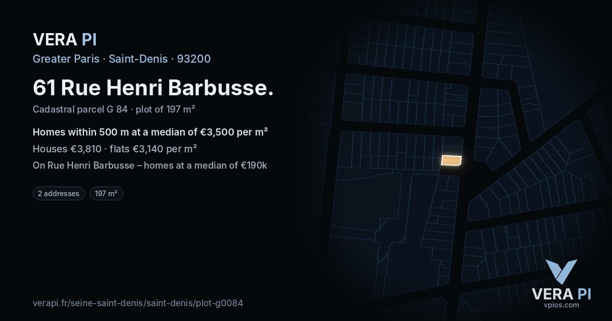 61 Rue Henri Barbusse, Saint-Denis at night – the plot lit, the parcels around coloured by the prices near them