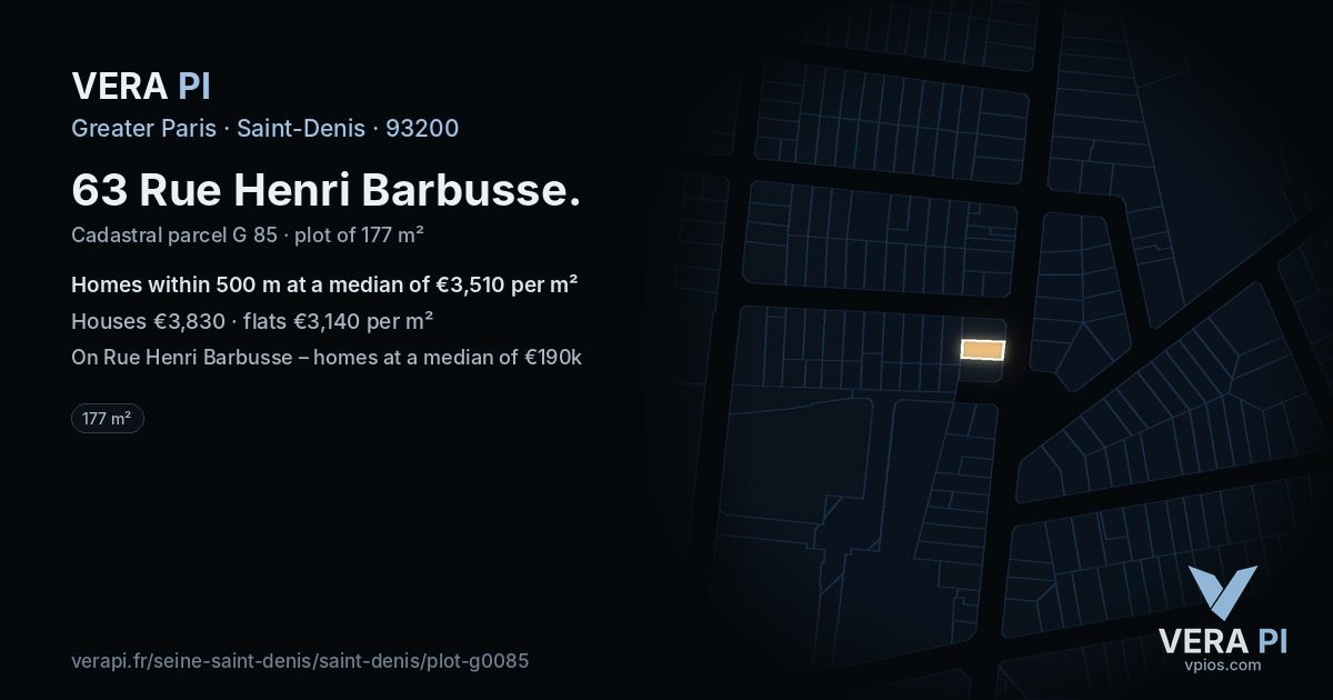 63 Rue Henri Barbusse, Saint-Denis at night – the plot lit, the parcels around coloured by the prices near them