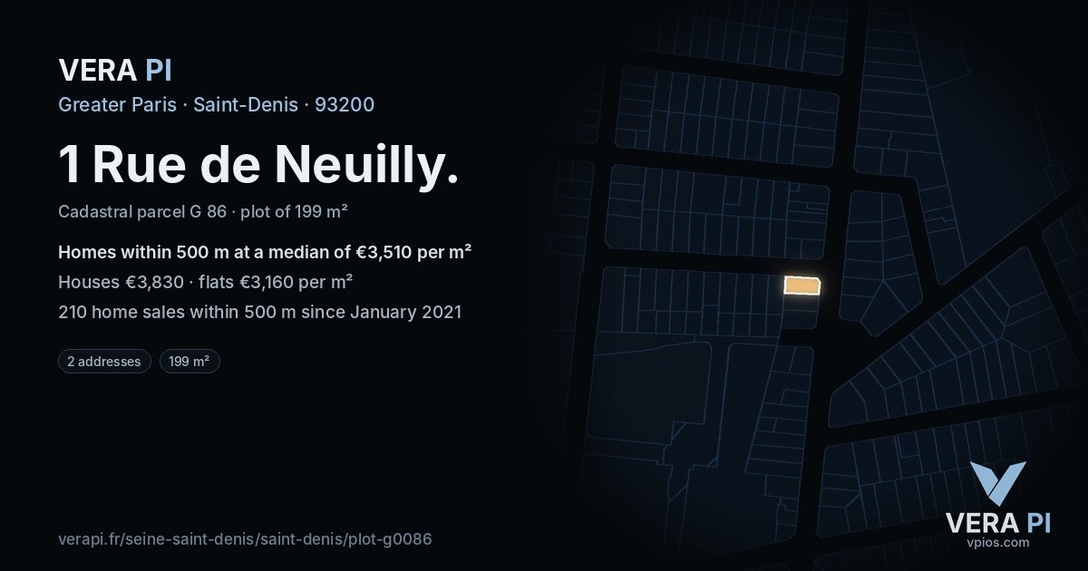 1 Rue de Neuilly, Saint-Denis at night – the plot lit, the parcels around coloured by the prices near them