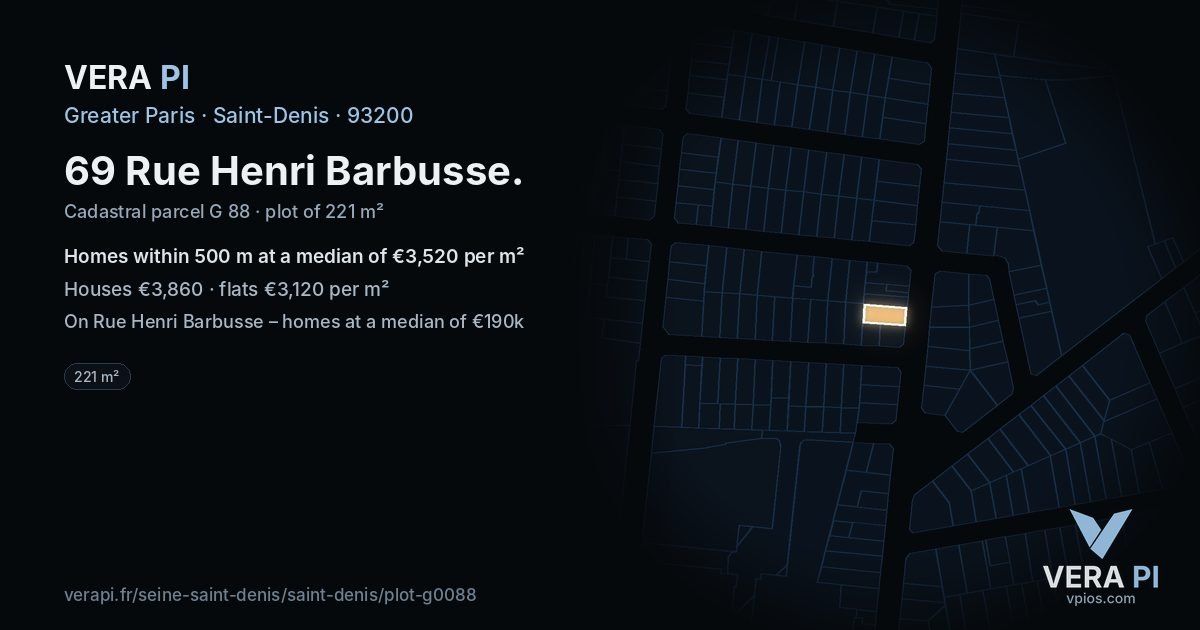 69 Rue Henri Barbusse, Saint-Denis at night – the plot lit, the parcels around coloured by the prices near them