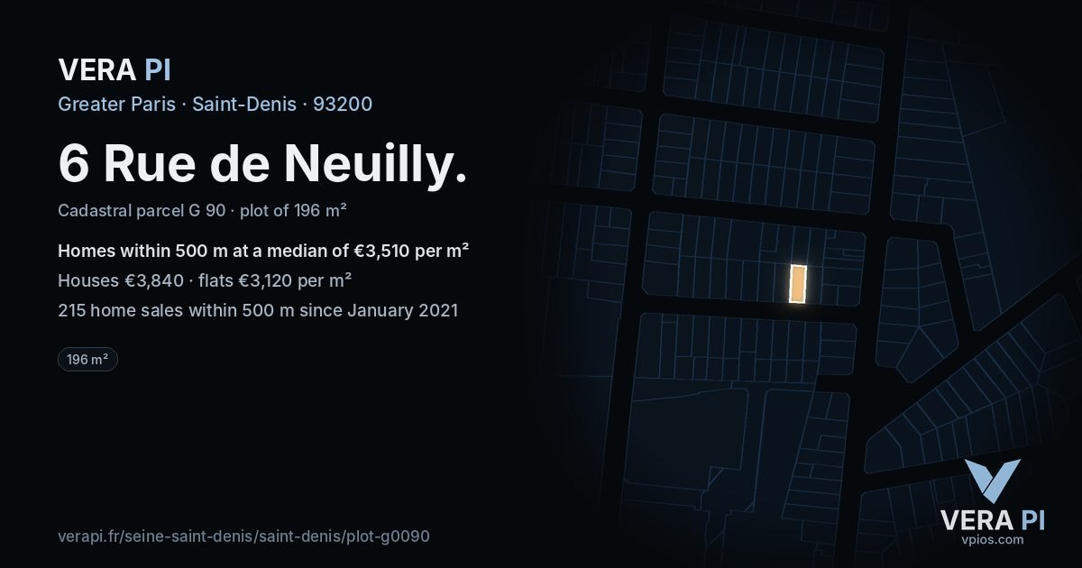 6 Rue de Neuilly, Saint-Denis at night – the plot lit, the parcels around coloured by the prices near them