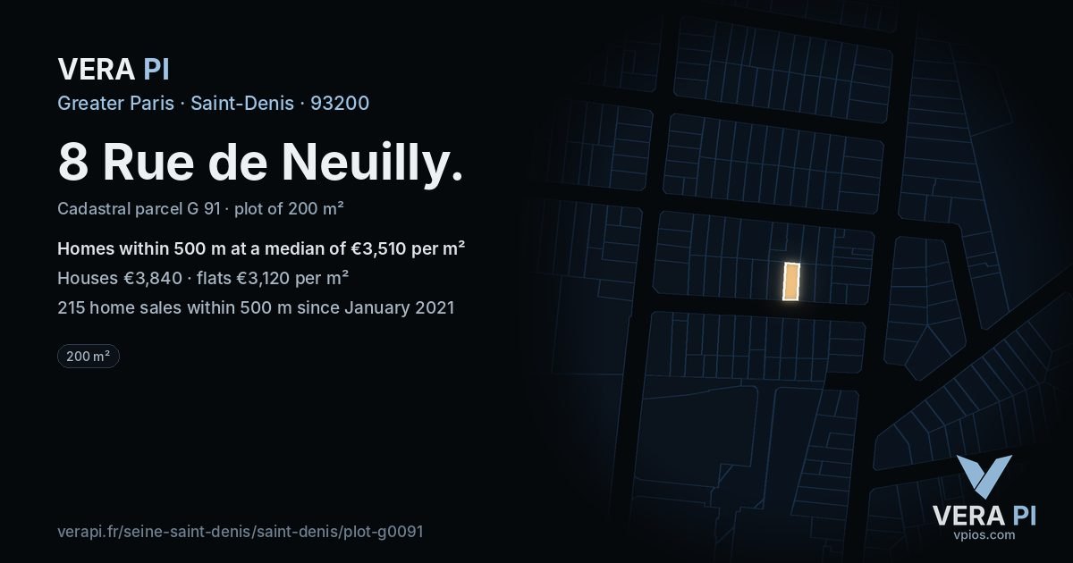 8 Rue de Neuilly, Saint-Denis at night – the plot lit, the parcels around coloured by the prices near them