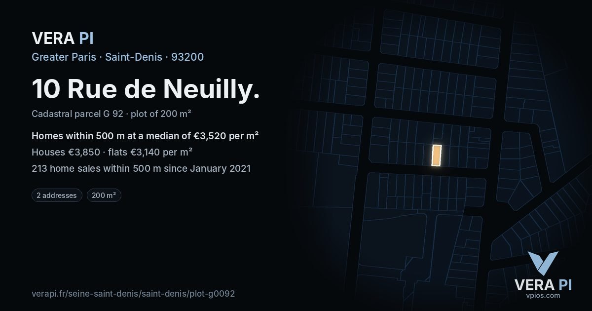 10 Rue de Neuilly, Saint-Denis at night – the plot lit, the parcels around coloured by the prices near them