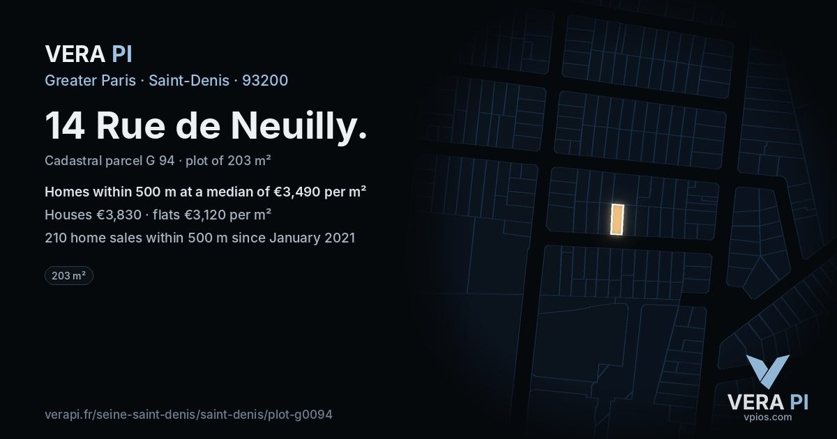 14 Rue de Neuilly, Saint-Denis at night – the plot lit, the parcels around coloured by the prices near them
