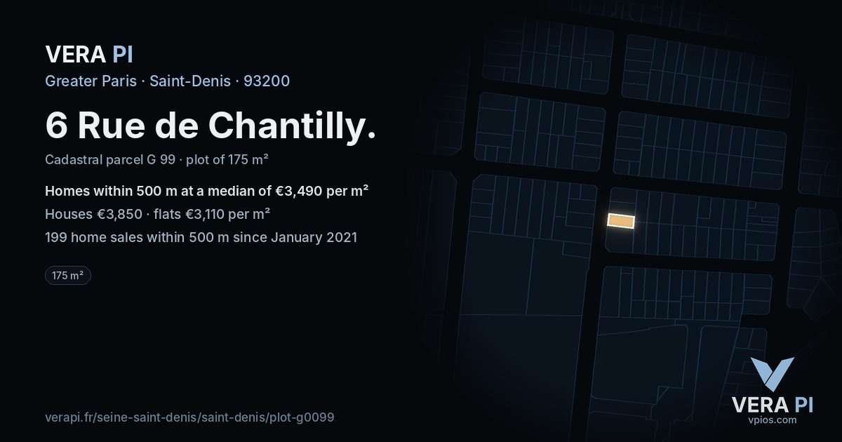 6 Rue de Chantilly, Saint-Denis at night – the plot lit, the parcels around coloured by the prices near them