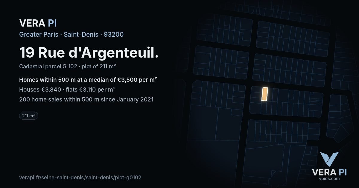 19 Rue d'Argenteuil, Saint-Denis at night – the plot lit, the parcels around coloured by the prices near them
