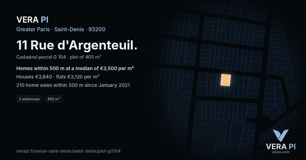11 Rue d'Argenteuil, Saint-Denis at night – the plot lit, the parcels around coloured by the prices near them