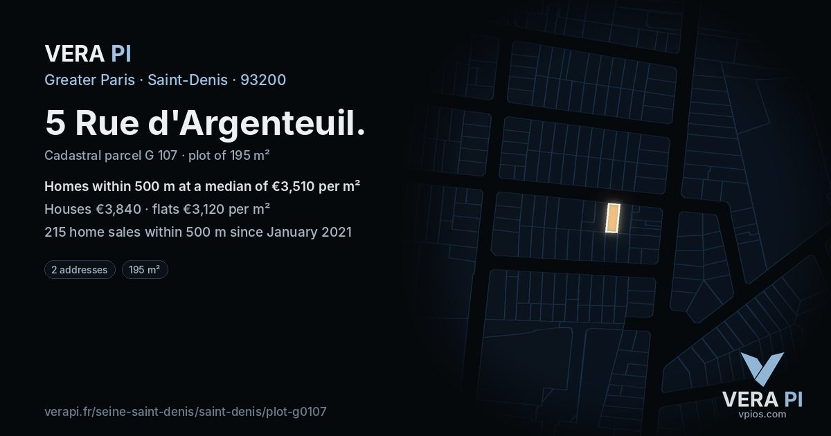 5 Rue d'Argenteuil, Saint-Denis at night – the plot lit, the parcels around coloured by the prices near them