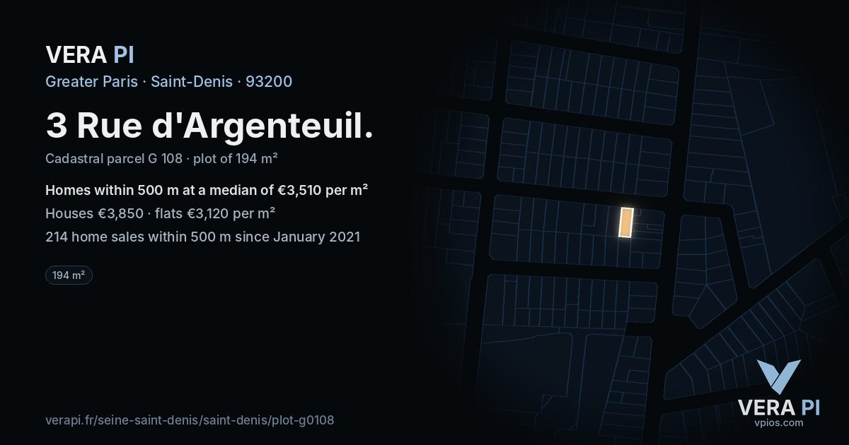 3 Rue d'Argenteuil, Saint-Denis at night – the plot lit, the parcels around coloured by the prices near them