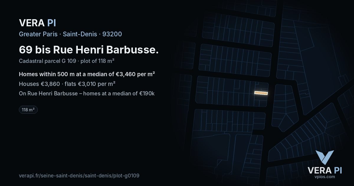 69 bis Rue Henri Barbusse, Saint-Denis at night – the plot lit, the parcels around coloured by the prices near them