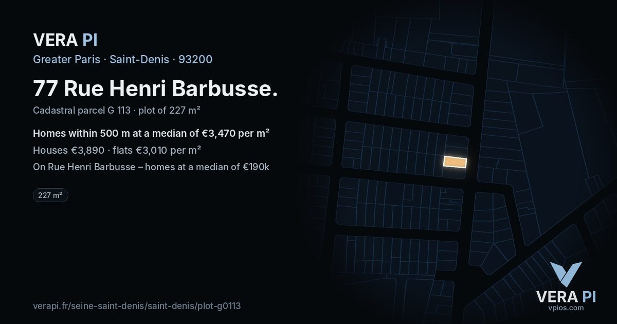 77 Rue Henri Barbusse, Saint-Denis at night – the plot lit, the parcels around coloured by the prices near them