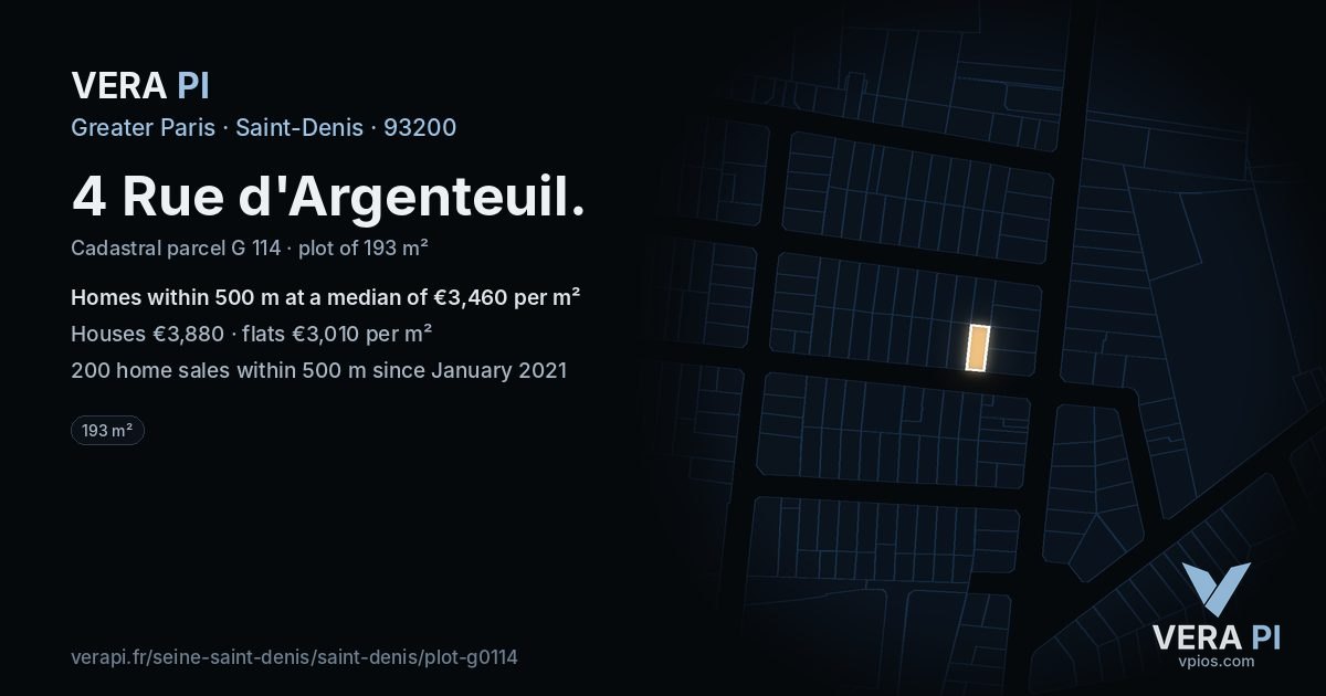 4 Rue d'Argenteuil, Saint-Denis at night – the plot lit, the parcels around coloured by the prices near them