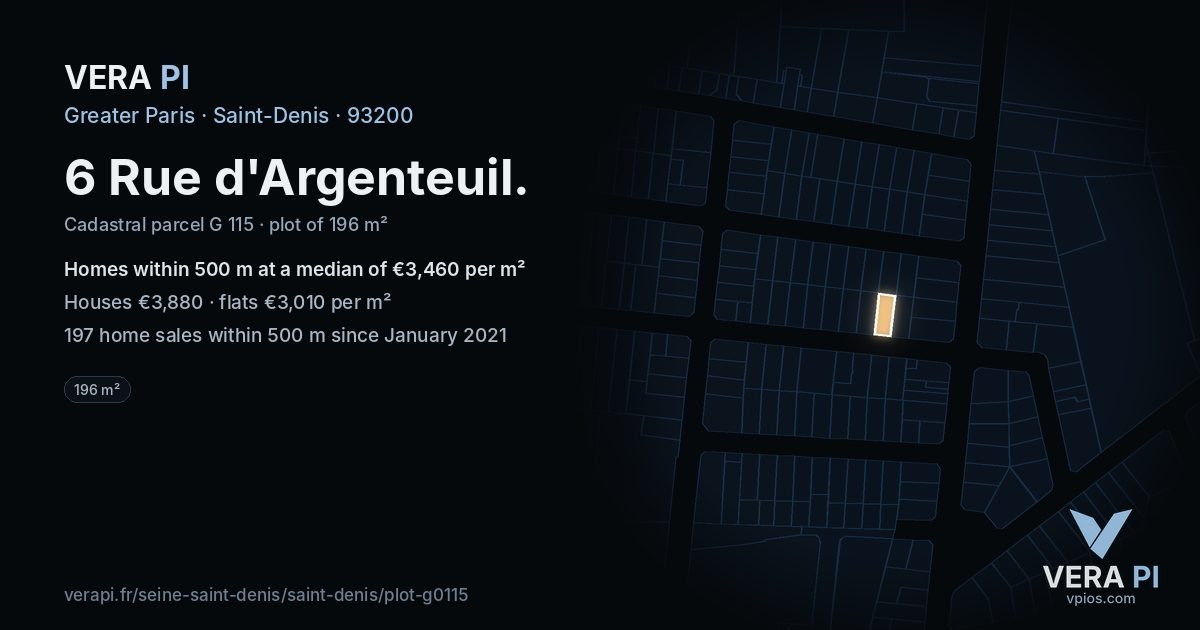 6 Rue d'Argenteuil, Saint-Denis at night – the plot lit, the parcels around coloured by the prices near them