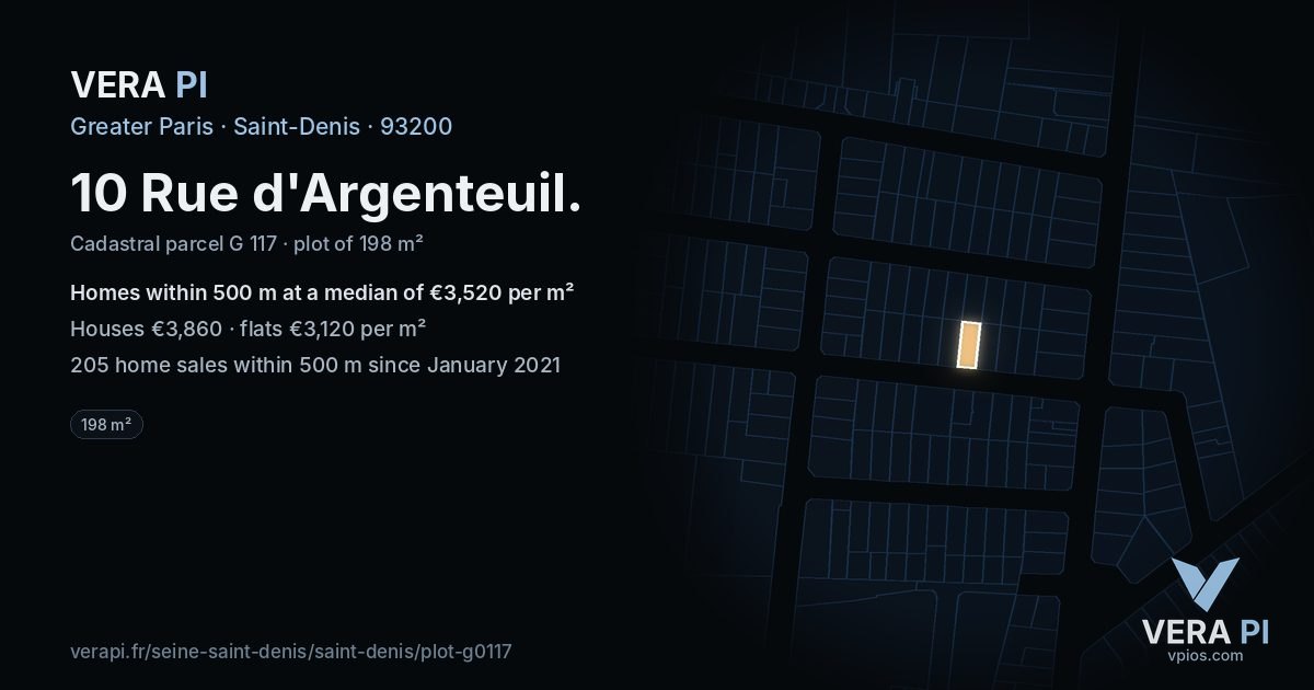 10 Rue d'Argenteuil, Saint-Denis at night – the plot lit, the parcels around coloured by the prices near them