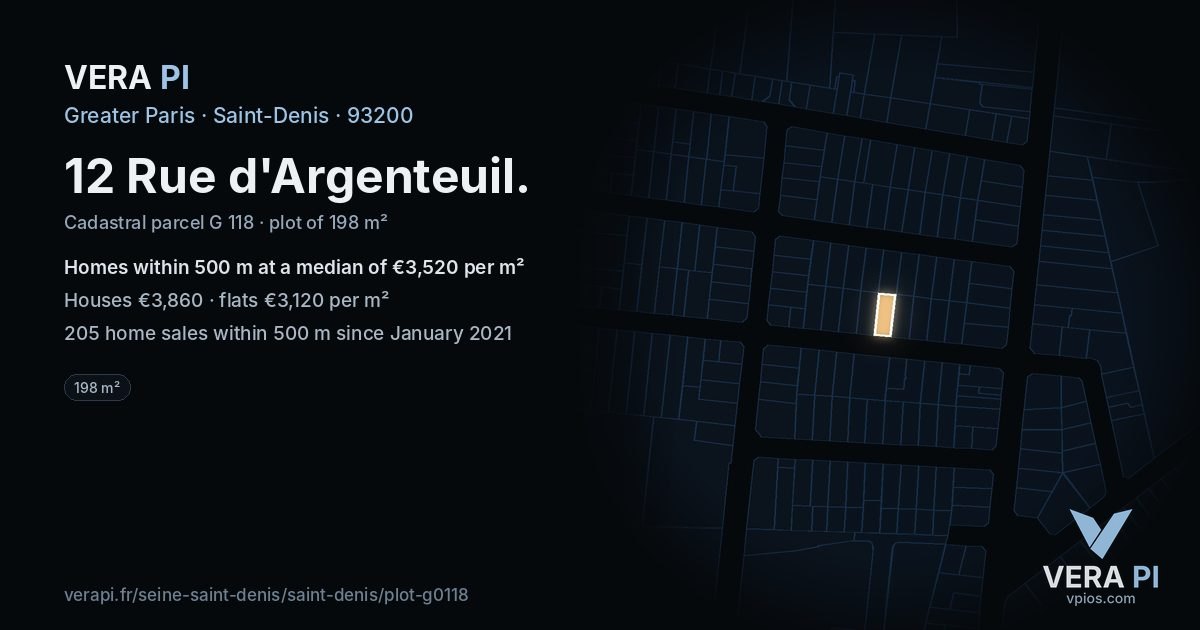 12 Rue d'Argenteuil, Saint-Denis at night – the plot lit, the parcels around coloured by the prices near them
