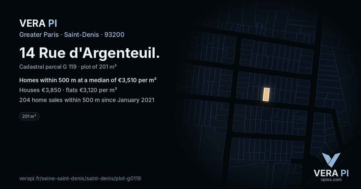 14 Rue d'Argenteuil, Saint-Denis at night – the plot lit, the parcels around coloured by the prices near them