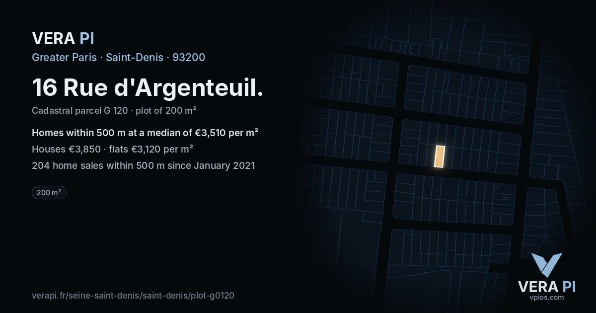 16 Rue d'Argenteuil, Saint-Denis at night – the plot lit, the parcels around coloured by the prices near them
