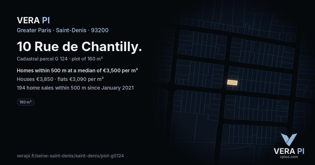 10 Rue de Chantilly, Saint-Denis at night – the plot lit, the parcels around coloured by the prices near them