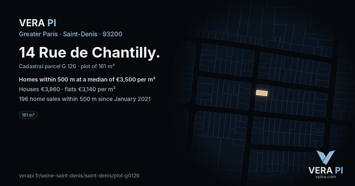 14 Rue de Chantilly, Saint-Denis at night – the plot lit, the parcels around coloured by the prices near them