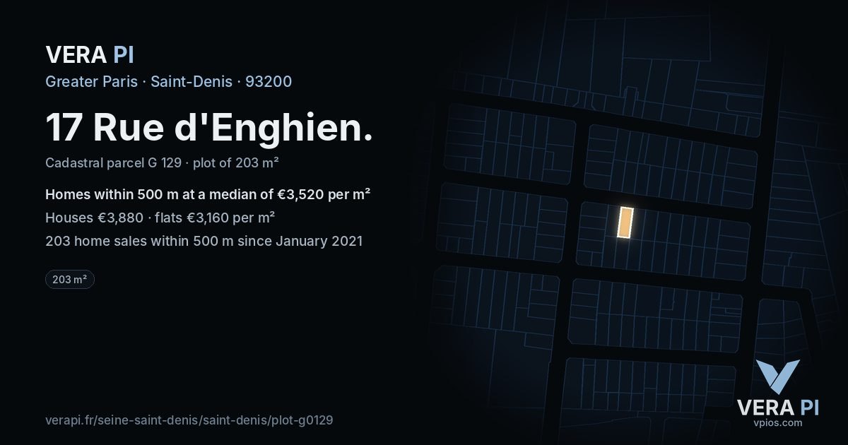 17 Rue d'Enghien, Saint-Denis at night – the plot lit, the parcels around coloured by the prices near them