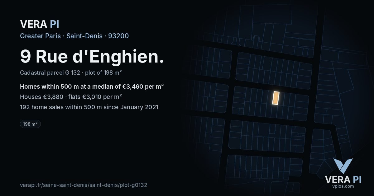 9 Rue d'Enghien, Saint-Denis at night – the plot lit, the parcels around coloured by the prices near them