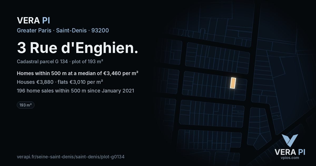 3 Rue d'Enghien, Saint-Denis at night – the plot lit, the parcels around coloured by the prices near them