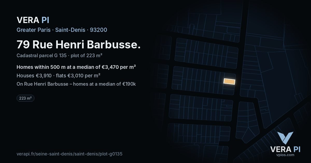 79 Rue Henri Barbusse, Saint-Denis at night – the plot lit, the parcels around coloured by the prices near them