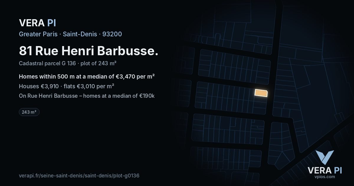 81 Rue Henri Barbusse, Saint-Denis at night – the plot lit, the parcels around coloured by the prices near them