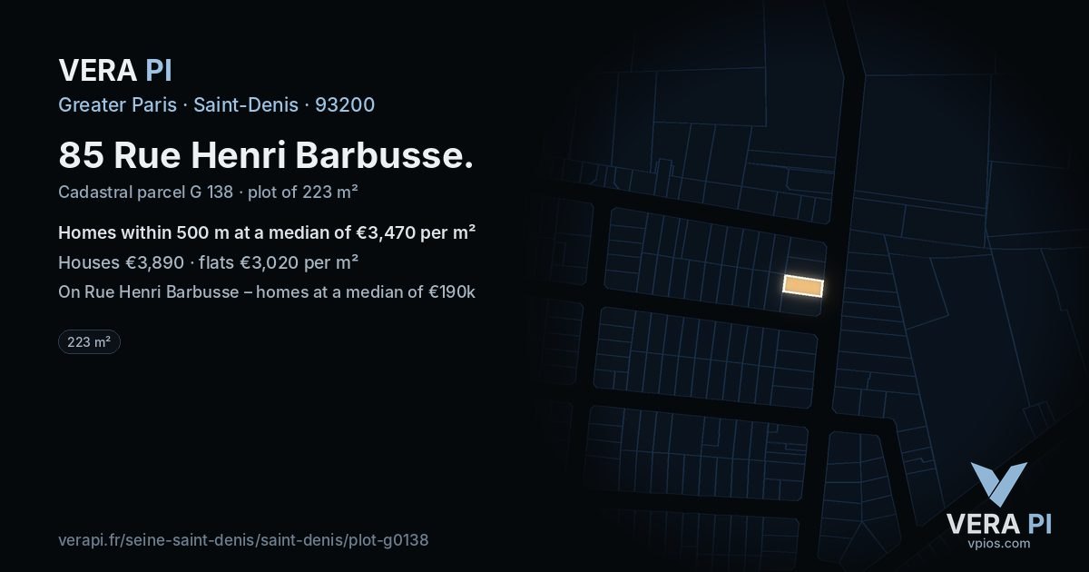 85 Rue Henri Barbusse, Saint-Denis at night – the plot lit, the parcels around coloured by the prices near them