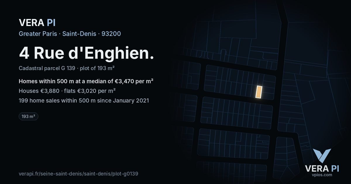 4 Rue d'Enghien, Saint-Denis at night – the plot lit, the parcels around coloured by the prices near them