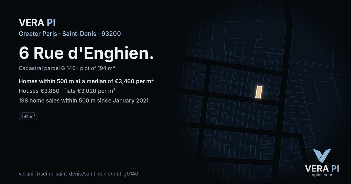 6 Rue d'Enghien, Saint-Denis at night – the plot lit, the parcels around coloured by the prices near them