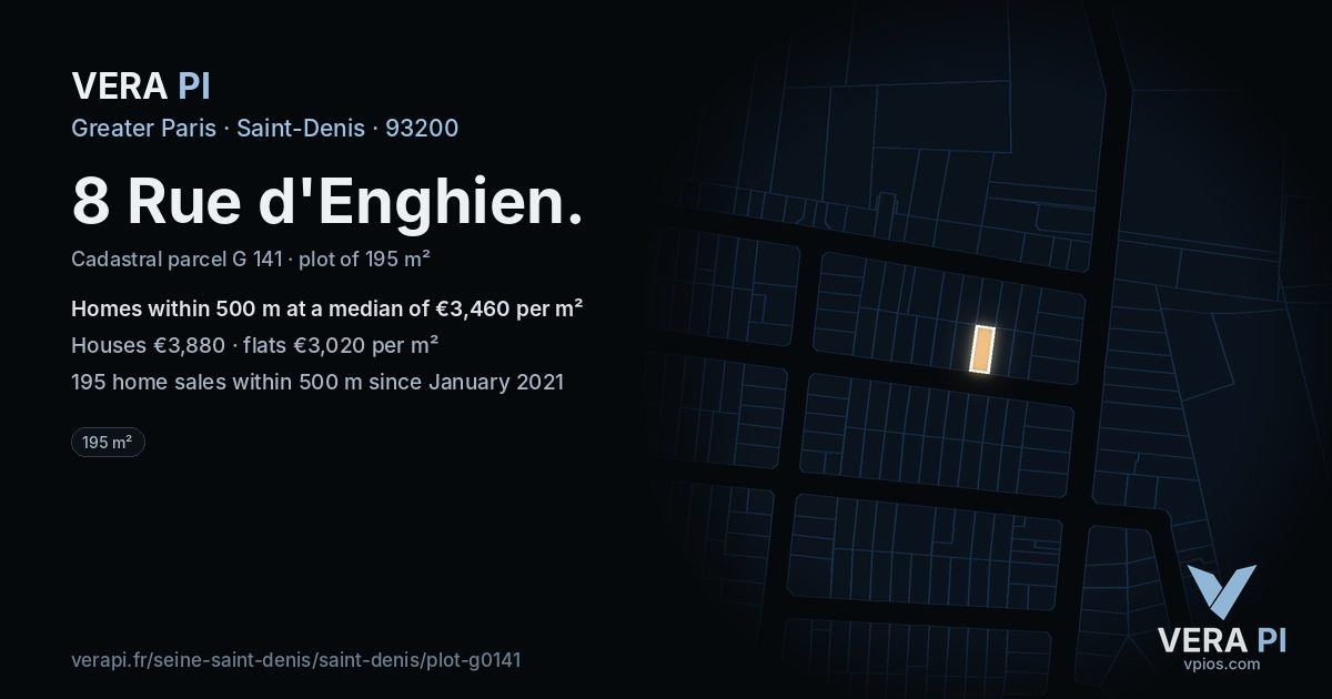 8 Rue d'Enghien, Saint-Denis at night – the plot lit, the parcels around coloured by the prices near them
