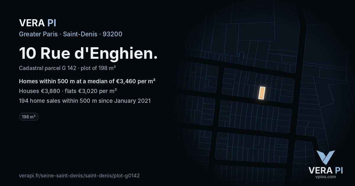 10 Rue d'Enghien, Saint-Denis at night – the plot lit, the parcels around coloured by the prices near them