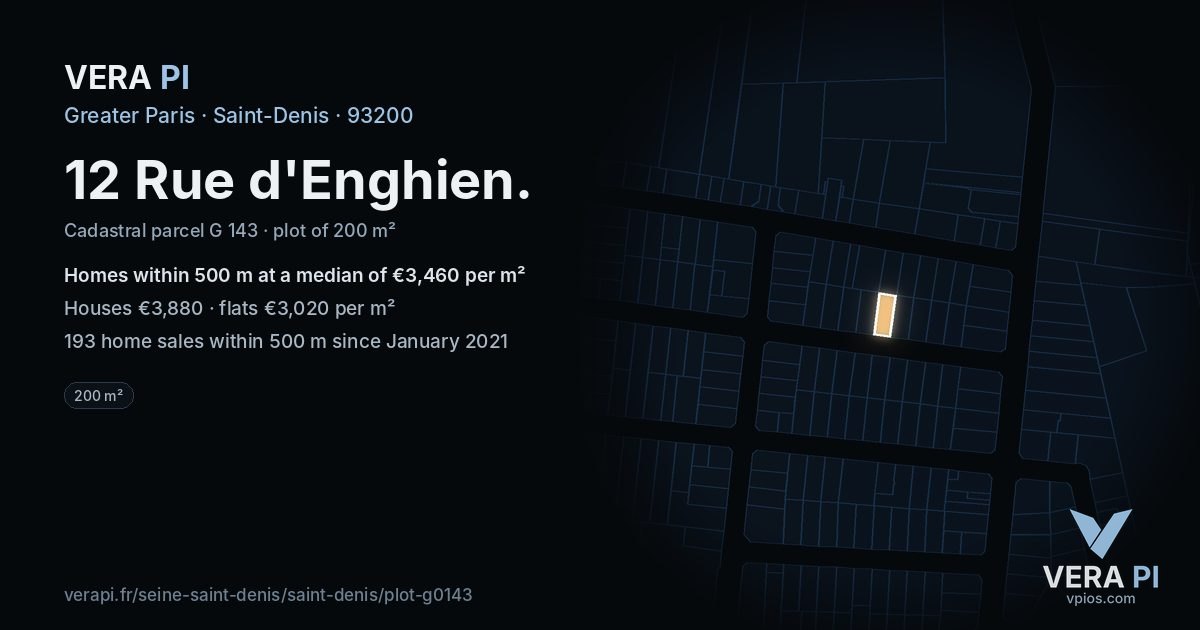 12 Rue d'Enghien, Saint-Denis at night – the plot lit, the parcels around coloured by the prices near them