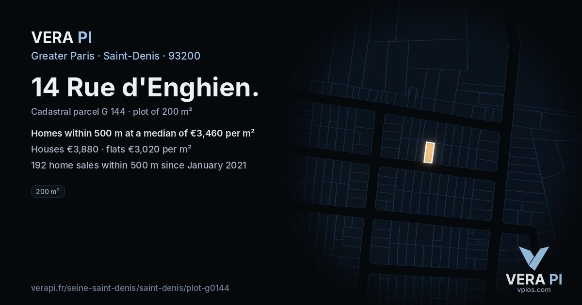 14 Rue d'Enghien, Saint-Denis at night – the plot lit, the parcels around coloured by the prices near them