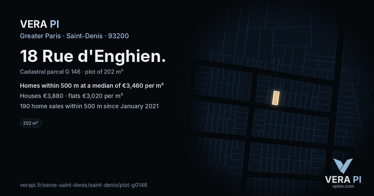18 Rue d'Enghien, Saint-Denis at night – the plot lit, the parcels around coloured by the prices near them