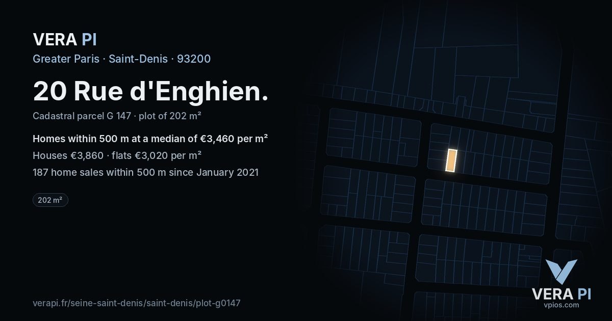 20 Rue d'Enghien, Saint-Denis at night – the plot lit, the parcels around coloured by the prices near them