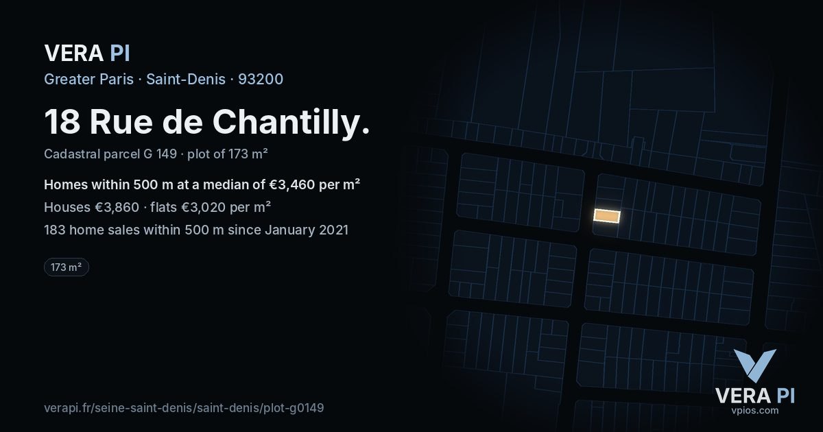 18 Rue de Chantilly, Saint-Denis at night – the plot lit, the parcels around coloured by the prices near them