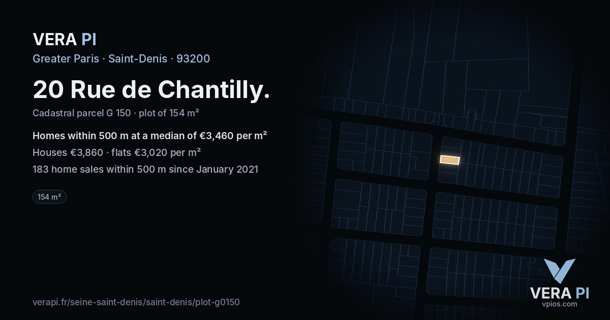 20 Rue de Chantilly, Saint-Denis at night – the plot lit, the parcels around coloured by the prices near them