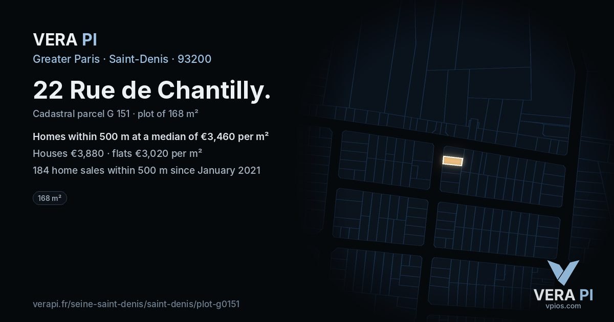 22 Rue de Chantilly, Saint-Denis at night – the plot lit, the parcels around coloured by the prices near them