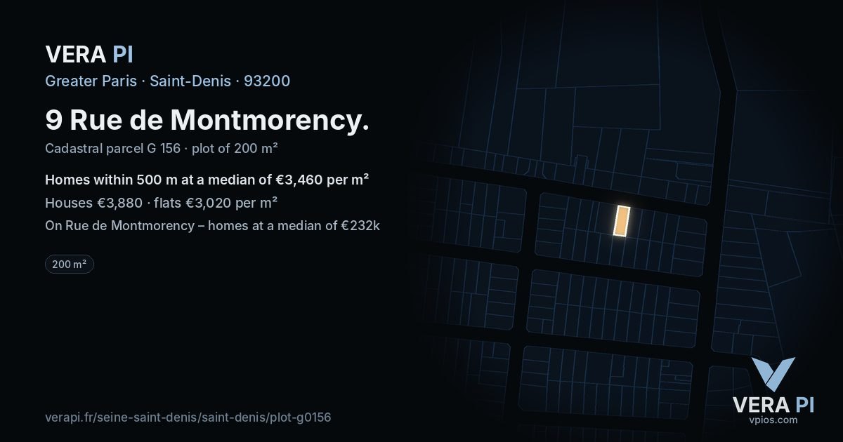 9 Rue de Montmorency, Saint-Denis at night – the plot lit, the parcels around coloured by the prices near them