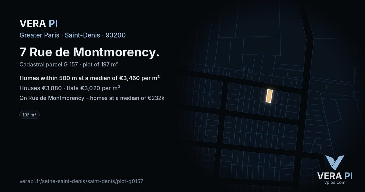 7 Rue de Montmorency, Saint-Denis at night – the plot lit, the parcels around coloured by the prices near them