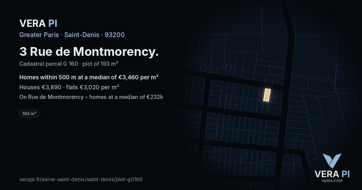 3 Rue de Montmorency, Saint-Denis at night – the plot lit, the parcels around coloured by the prices near them