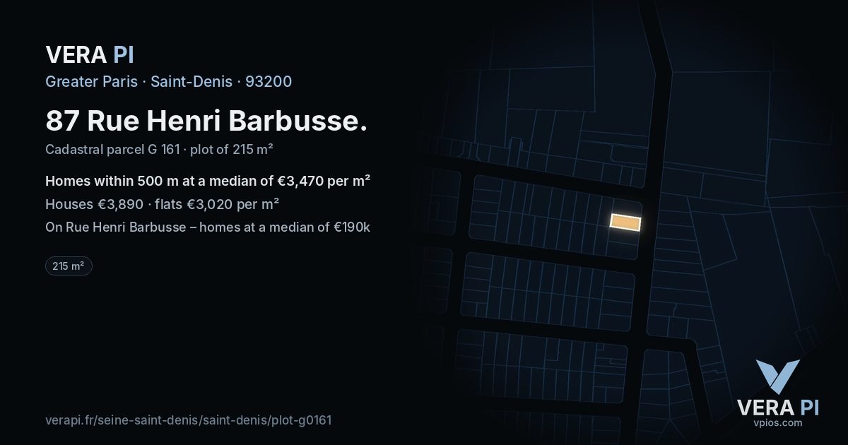 87 Rue Henri Barbusse, Saint-Denis at night – the plot lit, the parcels around coloured by the prices near them