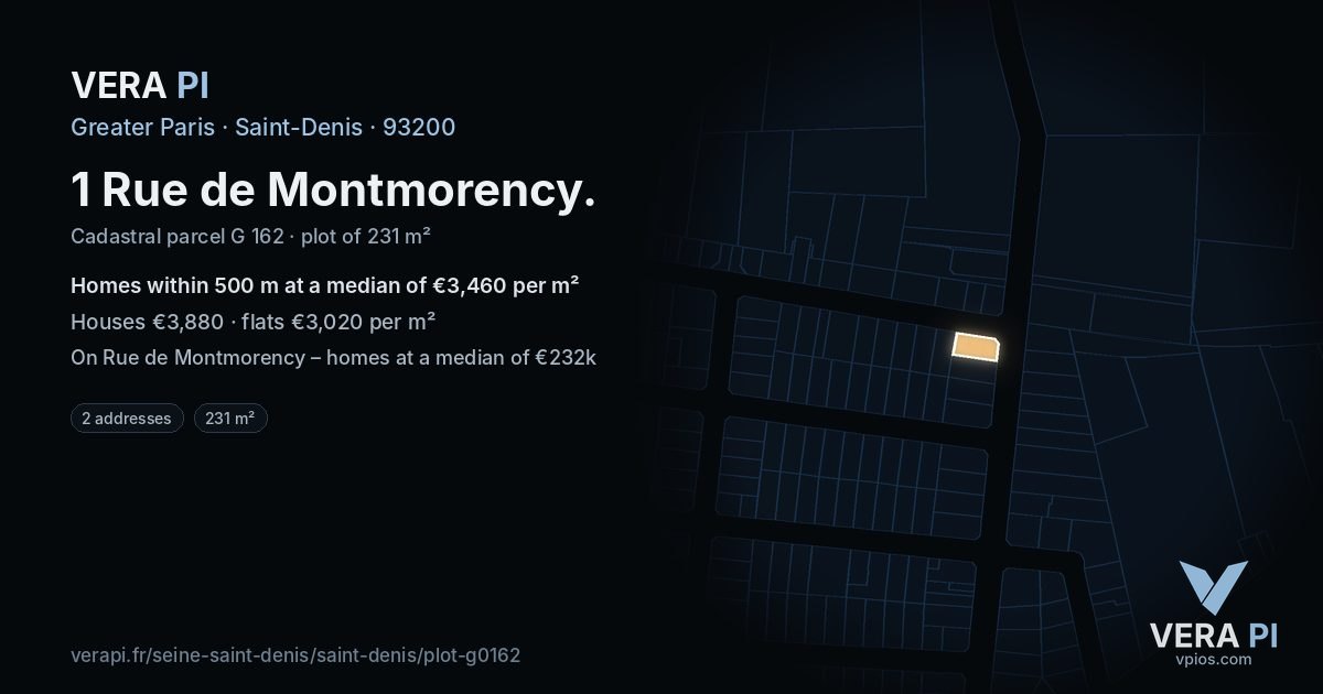 1 Rue de Montmorency, Saint-Denis at night – the plot lit, the parcels around coloured by the prices near them