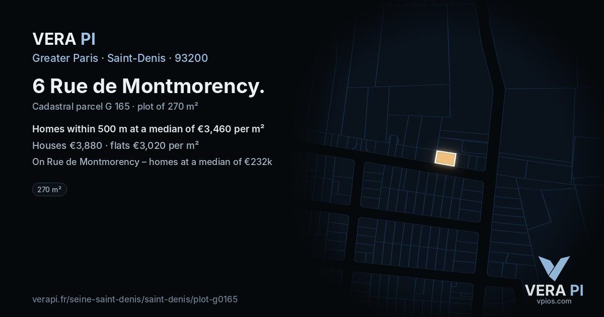6 Rue de Montmorency, Saint-Denis at night – the plot lit, the parcels around coloured by the prices near them