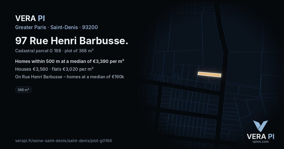 97 Rue Henri Barbusse, Saint-Denis at night – the plot lit, the parcels around coloured by the prices near them