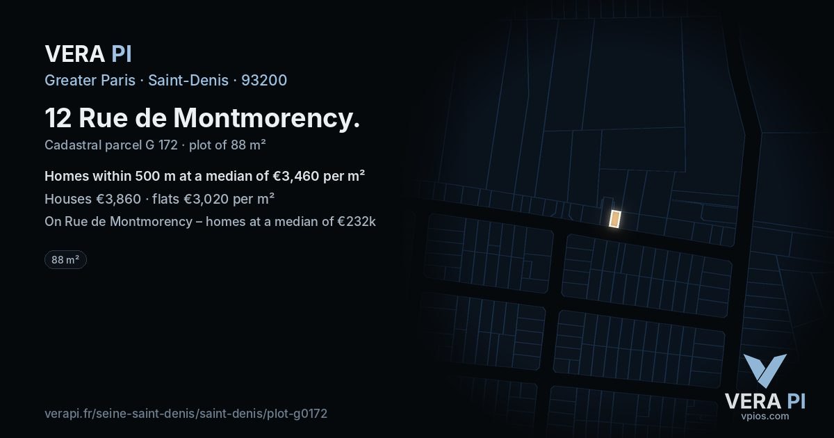 12 Rue de Montmorency, Saint-Denis at night – the plot lit, the parcels around coloured by the prices near them