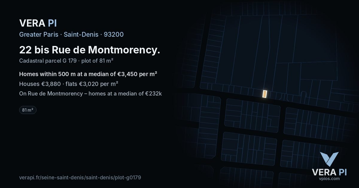 22 bis Rue de Montmorency, Saint-Denis at night – the plot lit, the parcels around coloured by the prices near them
